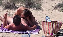 Romantic tourist threesome, amateur, group sex movies with Ainara and two couples on the beach